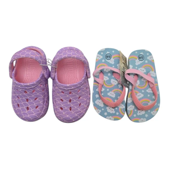 2pk NWT Toddler Girls Purple Clogs Shoes Rainbow Strap Flip Flops Sandals 5 / 6 - Picture 7 of 11